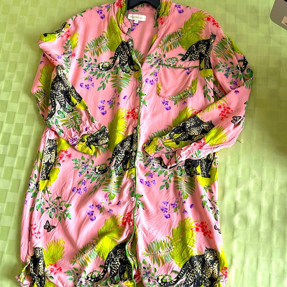 World Market, nightshirt, pink leopard print, long tunic, button down. Size S/M.